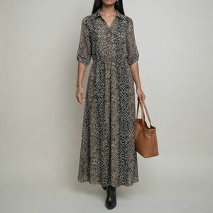 Moda International Snake Animal Print Black Tan Button Front Maxi Shirt Dress M